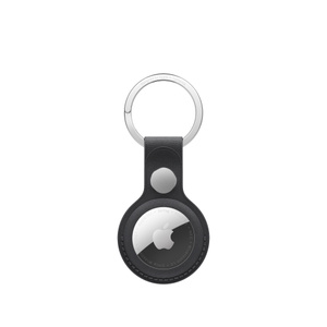 AirTag FineWoven Key Ring in Black, back, covers the entire outer edge of the AirTag, a circular cut-out showing the Apple logo on an AirTag.