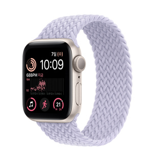 Apple Watch SE GPS, 40mm 스타라이트 알루미늄 케이스, 그리고 퍼플 포그 브레이드 솔로 루프 사이즈 1