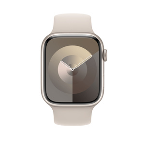 星光色单圈表带搭配效果的正面视图,展示 apple watch 表盘和数码表冠