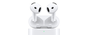 AirPods 4 with Active Noise Cancellation and Wireless Charging Case. White oval-shaped earbuds, seamless construction with speaker opening, short stem. White case, rounded edges, external LED indicator, lid open, attached by silver hinge