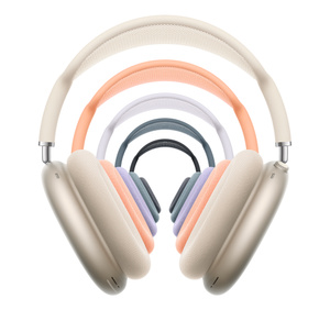 AirPods Max 오버이어 헤드폰. 새로 출시된 스타라이트, 오렌지, 퍼플, 블루, 미드나이트 색상. 뒤로 갈수록 작게 보이도록 나열된 제품들