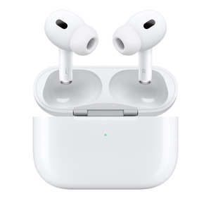 AirPods Pro 2 和 MagSafe 充電盒 (USB-C)，配備矽膠耳塞的耳筒，充電盒外部有 LED 電源指示燈