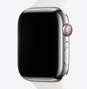 Stainless Steel case, polished finish, edge-to-edge display, rounded corners, Digital Crown dial, side button