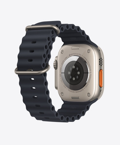 Back of Apple Watch Ultra Titanium Case with Midnight Ocean Band, tubular fluoroelastomer rubber with titanium buckle