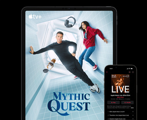 Front view of iPad featuring Apple&nbsp;TV+ content and iPhone featuring Apple&nbsp;Music content.