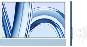 imac,机身正面为浅蓝色,显示屏四周配有白色边框;机身侧面为深蓝色