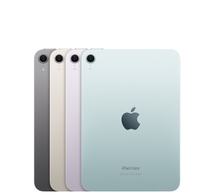 iPad mini với bốn m&agrave;u c&oacute; sẵn, Xanh Dương, T&iacute;m, &Aacute;nh Sao, X&aacute;m Kh&ocirc;ng Gian, vỏ ngo&agrave;i mặt sau, camera một ống k&iacute;nh ở g&oacute;c tr&ecirc;n b&ecirc;n tr&aacute;i, logo Apple ở giữa, c&oacute; phần chữ ở cạnh dưới ghi iPad mini