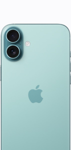 iPhone 16 Plus, Teal, back exterior, advanced dual-camera system, centred Apple logo