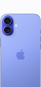 iPhone 16 Plus, Ultramarine finish, back exterior, advanced dual-camera system, centred Apple logo