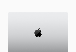 MacBook Pro 14 inch, đang đóng, mặt ngoài nhìn từ trên xuống, các góc bo tròn, có logo Apple ở giữa, màu Bạc