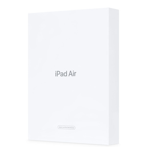 白色运送包装盒,展示顶面外观,盒子上印有"ipad air"和"apple