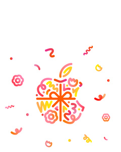 Được thắt nơ màu cam, tạo hình logo Apple, được tạo nên từ những lọn xoắn, hoa và chấm nhỏ mang tổ hợp màu trộn từ hồng, cam và vàng, bao quanh hình là nhiều lọn xoắn, hoa và chấm nhỏ khác