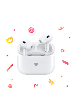 AirPods Pro (thế hệ thứ 2) màu trắng, có phần thân ngắn, đầu tai nghe silicon, ổ loa lộ ra ngoài, hộp sạc có khắc biểu tượng hình trái tim, bao quanh là các lọn xoắn, hoa và chấm nhỏ mang tổ hợp màu trộn từ hồng, cam và vàng